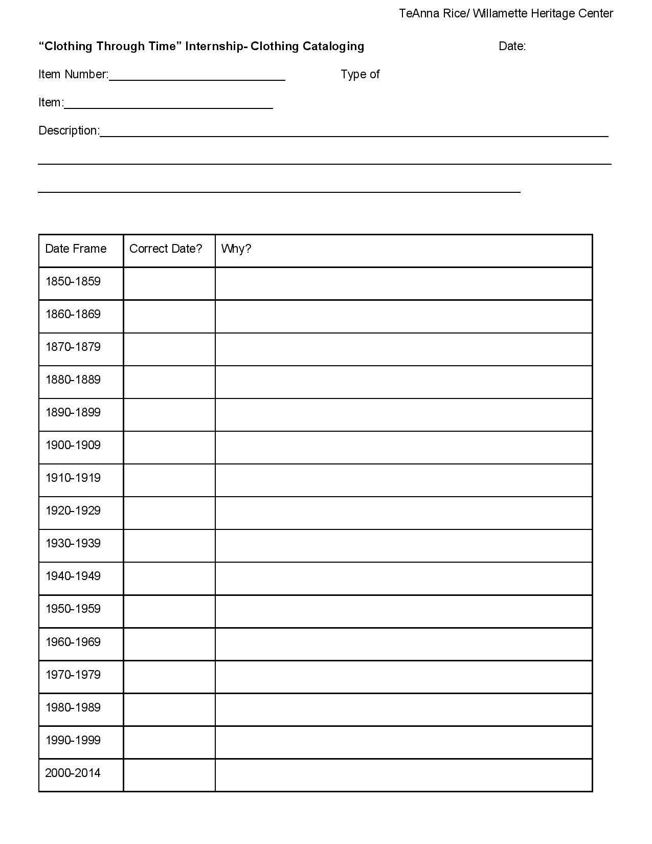 Clothing Inventory sheet. Front page.