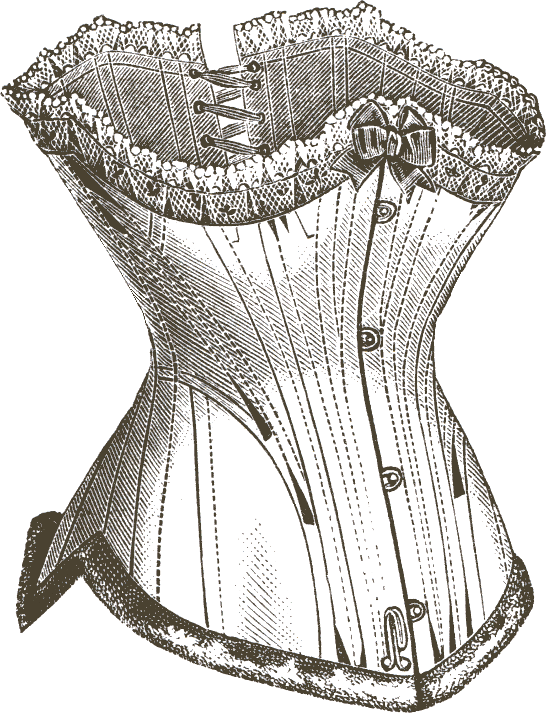 Victorian- era corset courtesy of Pinterest. Notice the exaggerated cinch of the waist and the lace in the back. 