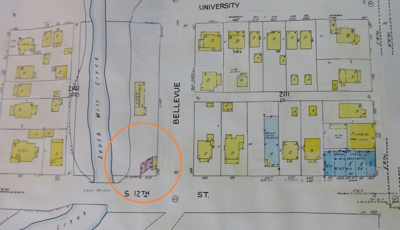 Sanborn Map updated to August 1958.  Corner circled in orange is where The RAM stands today.