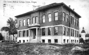 The New Willamette Medical Department Building c. 1906. The building still stands on the SE corner of Winter and State Streets. Waller Hall (left) and the first Lausanne Hall (right) can be seen in the background. WHC 2003.001.0013