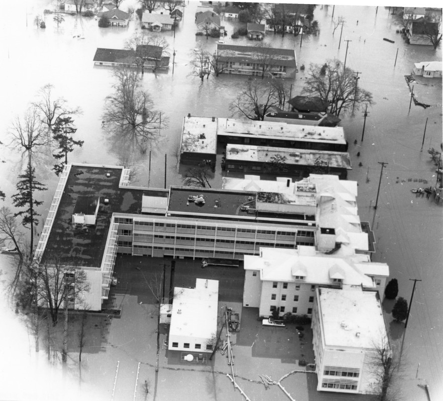 Salem Memorial Hospital surrounded by flood waters - December 1964.