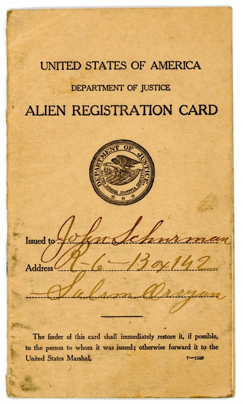 Alien Registration Card of John Schurman who imigrated to the United States