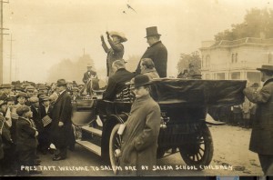 After much research into conflicting accounts it was determined this photo is of President Taft (in top hat) on a presidential visit to Salem on October 12, 1911, being serenaded with America by Salem-area school children on Court Street. WHC 0086.003.0012.013,