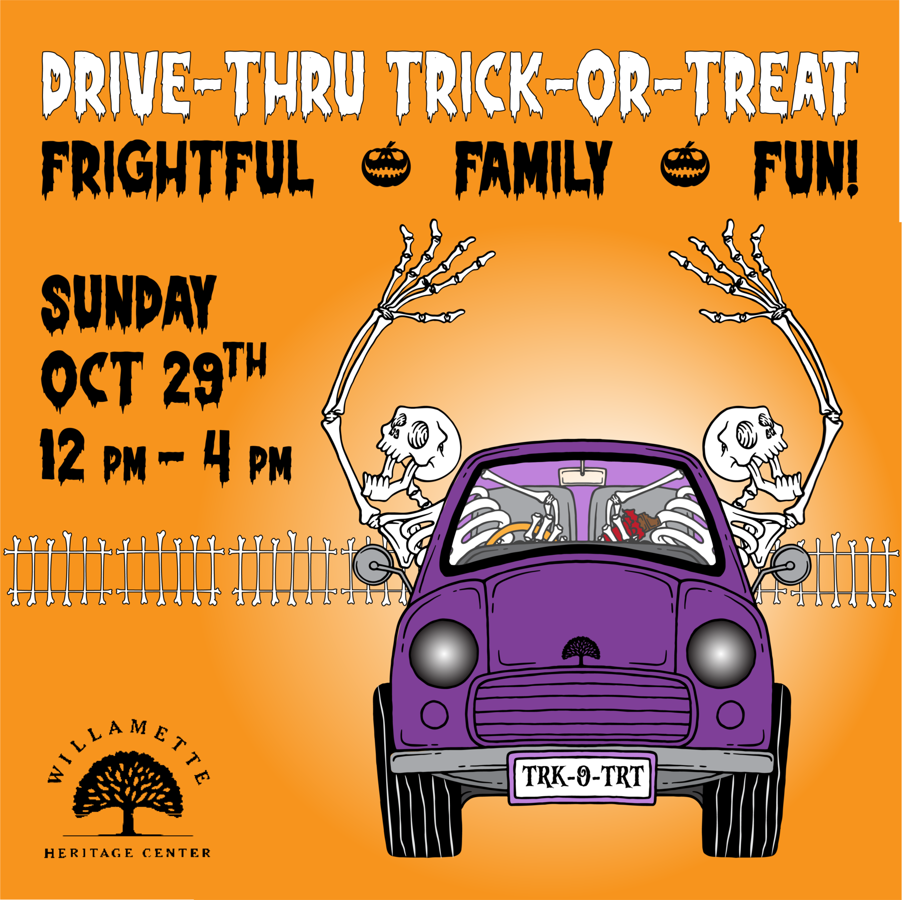 Drive Thru Trick or Treat Frightful Family Fun image of skeletons driving away from fence of graveyard
