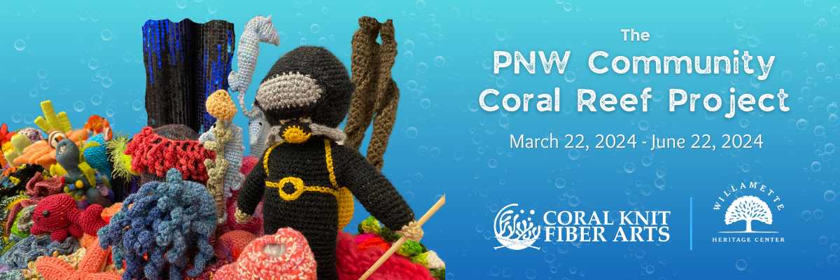 blue background with bubbles. Image of knitted coral reef with knitted scuba diver. web header for PNW Coral Reef Project exhibit.