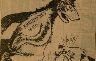 A political cartoon depicting a bulldog biting the tail of a bear. The dog is labeled as "British Heckling" while the bear is labeled "Khrushchey & Co"